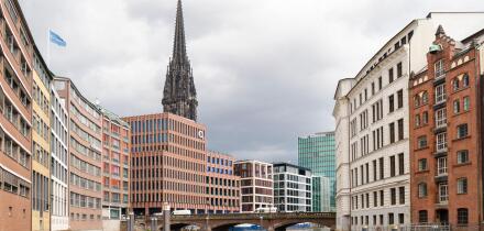 Dramatic cloudscape over the financial district of Hamburg.