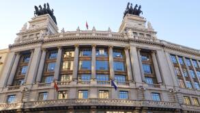 BBVA Bank building with Quadriga (Four Horse Chariot Sculptures) on top, Madrid, Spain, Alcala street, Madrid, Spain.