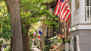 Historic District Street lined with Row Homes in Spring,  Savannah, Georgia