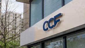 Sign and logo of a branch of the Credit commercial de France (CCF) banking group, a bank which previously operated in France under the HSBC brand