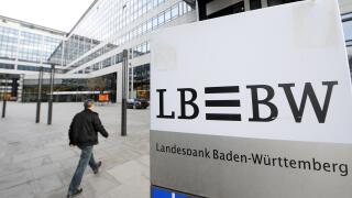 The logo of the State Bank of Baden-Wuerttemberg LBBW is featured at the entrace to its headquarters in Stuttgart, Germany, 22 November 2012. Stuttgart's local council discusses the transformation of 'silent investments' in the bank  into core capital. Ph