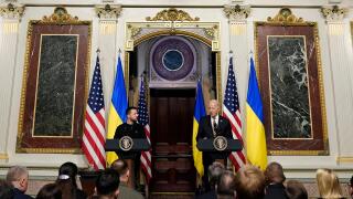 Washington, United States. 12th Dec, 2023. U.S President Joe Biden, right, responds to a question during a joint press conference with Ukrainian President Volodymyr Zelenskyy, left, at the Indian Treaty Room of the White House, December 12, 2023 in Washin