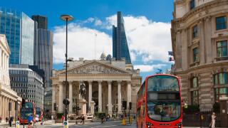 LONDON, UK - View of British financial heart, Bank of England and Royal Exchange.