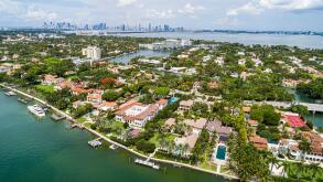Miami Beach Florida,aerial overhead view from above,Pine Tree Drive waterfront mansions estates homes houses residences,Indian Creek Biscayne Bay city
