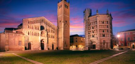 Parma, Italy. Cityscape image of old town Parma, Italy at beautiful autumn sunrise.