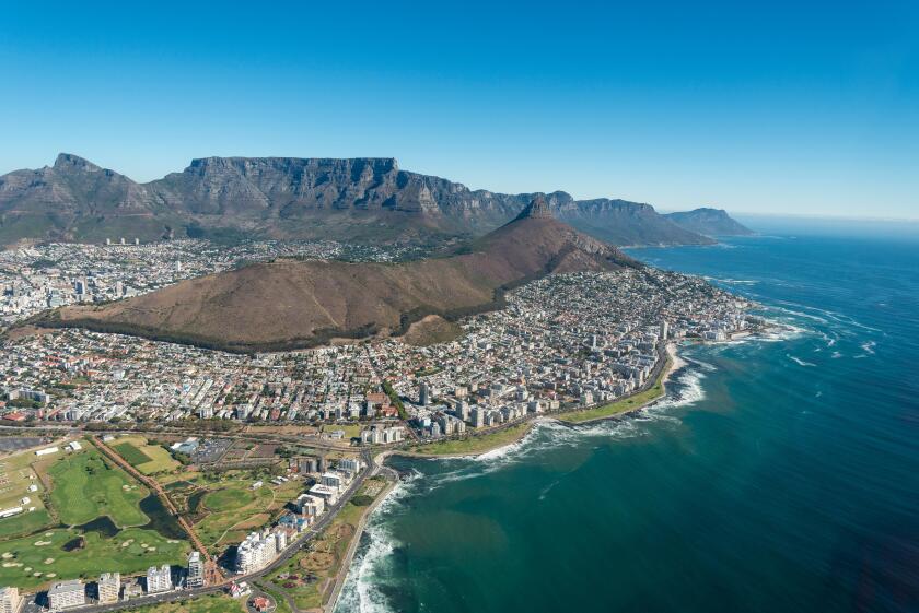 Aerial view of city and beaches, Cape Town, Western Cape Province, Republic of South Africa