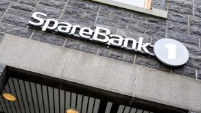 SpareBank 1 sign at branch. SpareBank 1 is a Norwegian alliance and brand name for a group of savings banks.