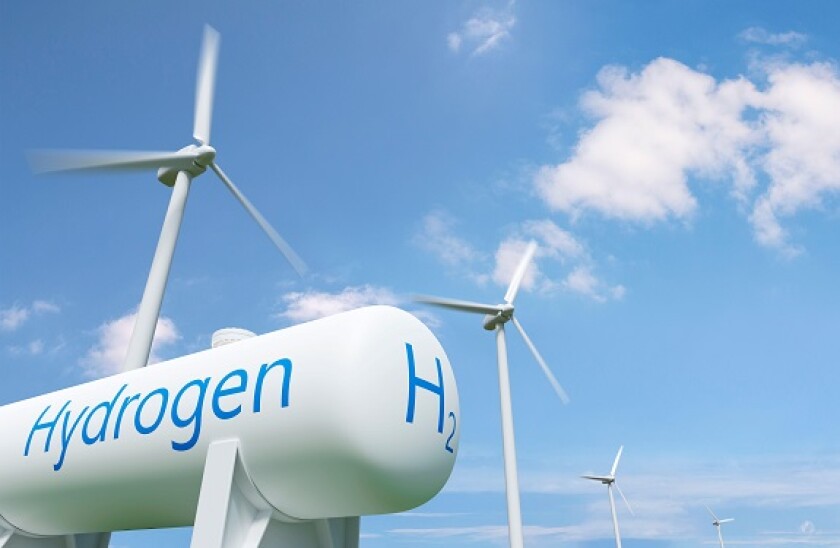 Hydrogen tank and windmills on blue sky background. Sustainable and ecological energy concept. 3d illustration.