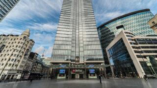 Brussels, Belgium: The Rogier square with the Belfius Bank and Insurance Tower, a few hotels and institutions of the European union.