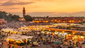 Jamaa el Fna market square in sunset, Marrakesh, Morocco, north Africa.