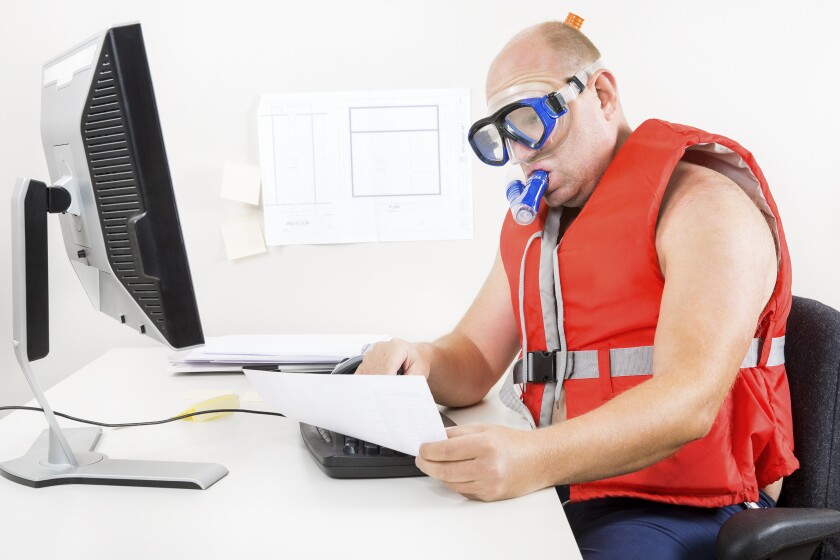 Strange businessman in diving mask and snorkel