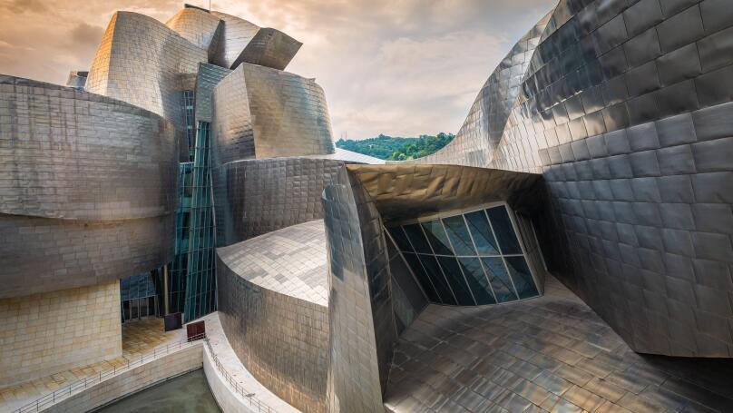 Bilbao, Spain - July 17, 2025: Guggenheim Bilbao Museum for Modern Art, an Iconic Architectural Masterpiece by Frank Gehry