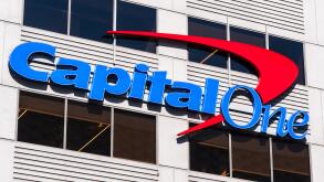 August 21, 2019 San Francisco / CA / USA - Close up of Capital One logo at their corporate headquarters in SOMA district; Capital One Financial Corpor