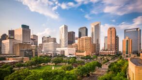 Houston, Texas, USA downtown city park and skyline.