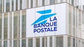 Sign and logo on the headquarters building of the Banque Postale. La Banque Postale is a French public bank, subsidiary of the La Poste group