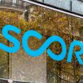 Sign and logo on Scor's headquarters, Paris, France. Scor SE is a French reinsurance and asset management group, one of the world's leading reinsurers