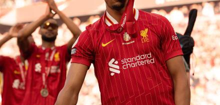 Anfield, Liverpool on Sunday 25th May 2025. Liverpool's Trent Alexander-Arnold with the Premier League Trophy as they celebrate Liverpool being crowned the Champions of the Premier League for the 2024/25 Season following the Premier League match between L