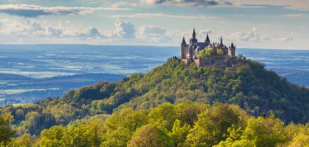 Aerial view of famous Hohenzollern Castle, one of Europe's most visited castles, at sunset, Baden-Wurttemberg, Germany