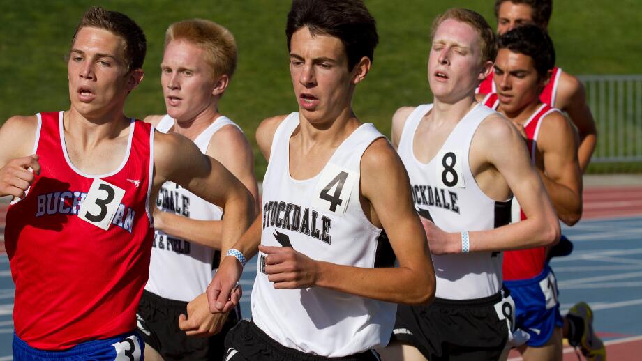 May 21, 2011 - Fresno, CA - Stockdale's Blake Haney delivered one of the best-ever boys 1600 performances at the section track championships in Clovis Saturday. Haney (4) set a state record for freshmen and the overall central section record. Here he runs