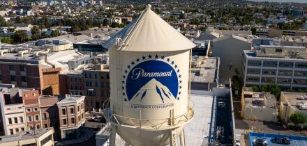 Los Angeles California. USA: 2025 December 9. Motion picture industry studio. Paramount Pictures, The Studios at Paramount Pictures. Aerial water tank