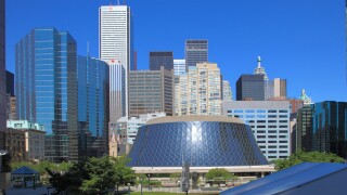 Canada, Ontario, Toronto, Financial District skyline, Roy Thomson Hall,