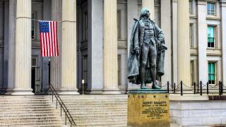 Albert Gallatin Statue US Flag US Treasury Department, Washington DC. Statue by James Fraser and dedicated in 1947.