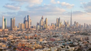 United Arab Emirates, Dubai, elevated view of the new Dubai skyline including the Burj Khalifa