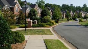 Suburban street neighborhood development with sidewalk, Charlotte, NC