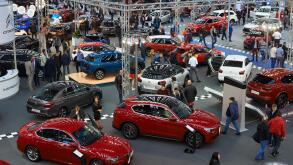 Belgrade, Serbia - March 22, 2018: People looking at cars exhibited on Belgrade car show