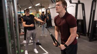 Gym members exercise at PureGym in Leamington Spa, which is re-opening as indoor gyms, swimming pools and sports facilities can reopen as part of the latest easing of coronavirus lockdown measures in England.