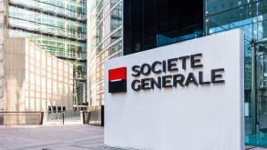 Sign of the Societe Generale at the entrance of the head office of the french banking group in La Defense business district.