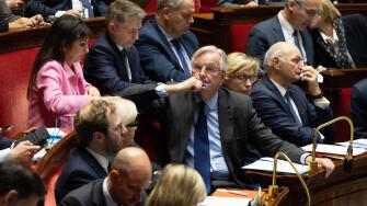 Paris, France. 22nd Oct, 2024. French Prime Minister Michel Barnier during a session of questions to the government at the National Assembly, French Parliament lower house, in Paris on October 22, 2024. Photo by Raphael Lafargue/ABACAPRESS.COM Credit: Aba