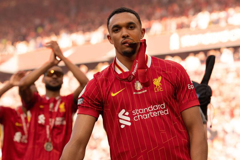 Anfield, Liverpool on Sunday 25th May 2025. Liverpool's Trent Alexander-Arnold with the Premier League Trophy as they celebrate Liverpool being crowned the Champions of the Premier League for the 2024/25 Season following the Premier League match between L