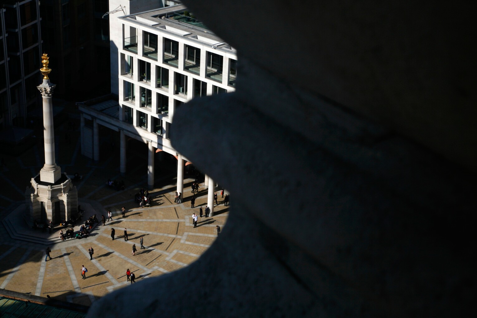 Looking down on to the London Stock Exchange in Paternoster Square from St Paul's Cathedral, City of London, UK