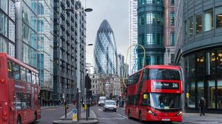 Bishopsgate road with the Gherkin skyscraper in the background, London England United Kingdom UK