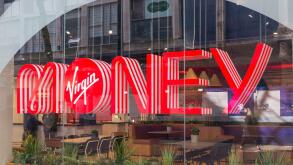 Large window sign at branch of Virgin Money bank in Birmingham city centre