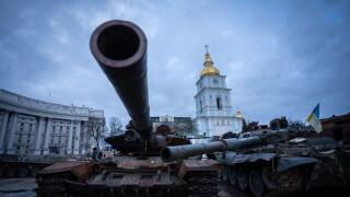Kyiv, Ukraine. 02nd Feb, 2023. Kyiv, Ukraine - February 2, 2023: Captured or destroyed Russian military vehicles on the Mykhailivska Square in front of the St. Michael's Golden-Domed Monastery. Russian military forces entered Ukraine territory on Feb. 24,