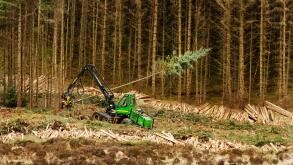 John Deere 1270D Harvester felling timber in a forest in western Scotland.  An example of machinery for harvesting softwood.