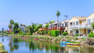 Upscale canal-side residential real estate property along the pretty canals in Venice, Los Angeles, California, west coast USA