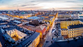 Aerial sunset view of Helsinki in winter time, Finland