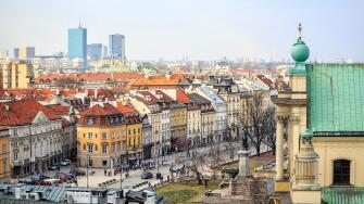 Warsaw city center with old town and modern skyscrapers, Poland