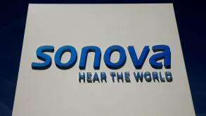 Logo of Swiss hearing aid maker Sonova is seen at the company's headquarters in Staefa, Switzerland May 16, 2017. REUTERS/Arnd Wiegmann