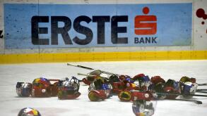 EC Red Bull Salzburg defended the title in Erste Bank Eishockey Liga (EBEL). The Austrians won on Tuesday final 6 in Znojmo, Czech Republic 4:3 and the series 4:2, April 12, 2016. Still life with Erste Bank advert and gloves and helmets after the match.(C