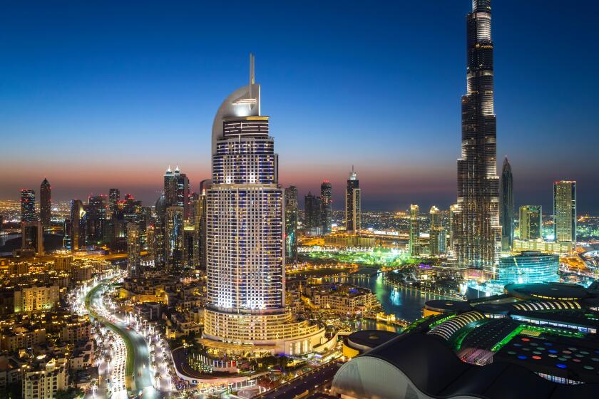 United Arab Emirates, Dubai, the Burj Khalifa, elevated view looking over the Dubai Mall
