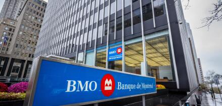 MONTREAL, CANADA - NOVEMBER 3, 2018: Bank of Montreal logo, known as BMO, in front of their main office. Called as well banque de Montreal, it is one 