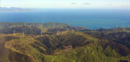 Aerial view of the Wind Farm Electricity generation on the Makara Hills in the western suburbs of Wellington city, New Zealand.