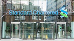 Exterior of Headquarters of the Standard Chartered Bank on Basinghall Avenue in London, England, UK