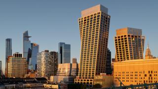 New York city, Manhattan landscape with unique shapes buildings named Hell's kitchen. Pier 88 in the foreground.