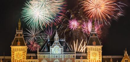 Fireworks above the Amsterdam Centraal, the main downtown metro and train station