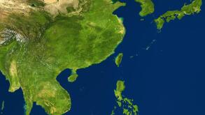 East Asia map in satellite photo, China and Taiwan in center. Physical detailed map of Eurasia southeast, topography of China. Green terrain, blue sea